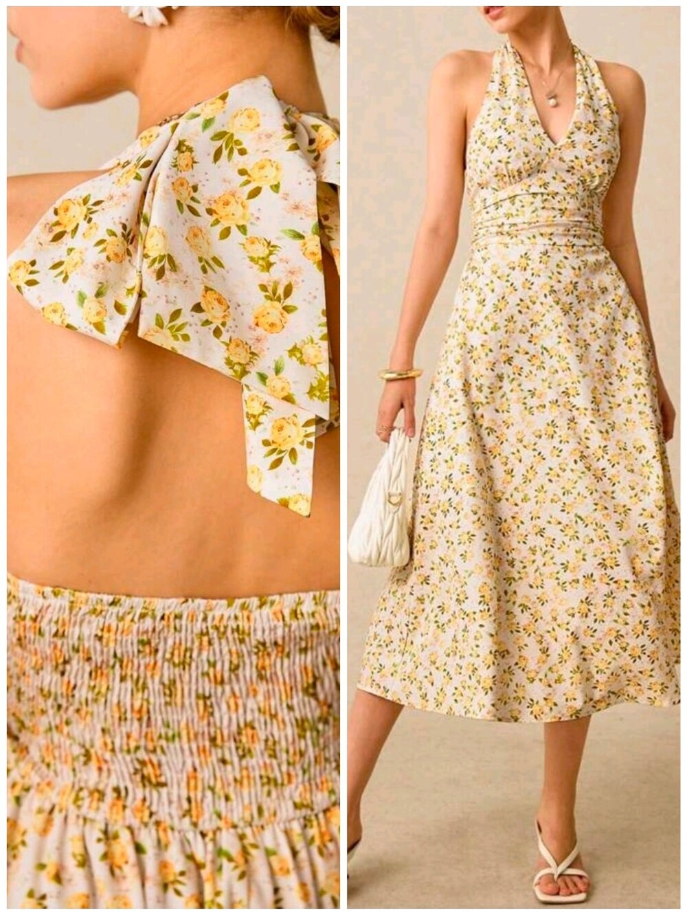 * New Rose Tie Halter Midi Dress Floral Ruched Waist Yellow White